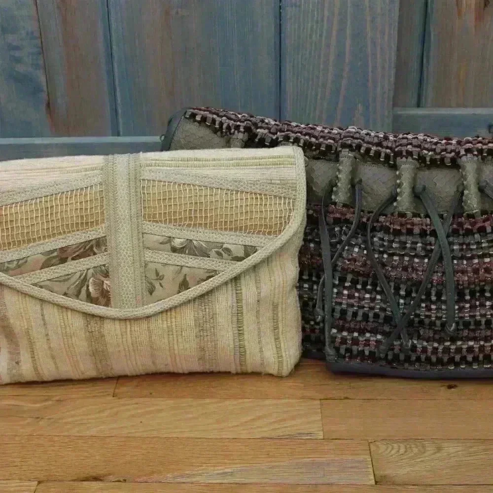 Set of 2 1980s Vintage Bohemian Purses Clutch Patchwork Fringe Fibers Crossbody
